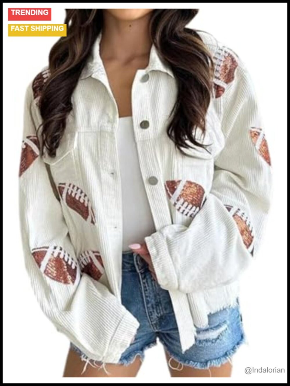 SeekMe Cropped Corduroy Football Jacket Sequin Rugby Patched Shacket